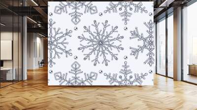 Monochrome seamsless pattern with big snowflake made of jewelry chains with ball beads on a white background Elegant creative illustration for christmas, new year holiday, gift package decoration Wall mural