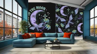 Pattern, label with crescent moon with face, stars, night butterfly, moth, flowers, star dust. Mythological faitytale, mystical concept. For clothing, apparel, T-shirts, kids design Wall mural