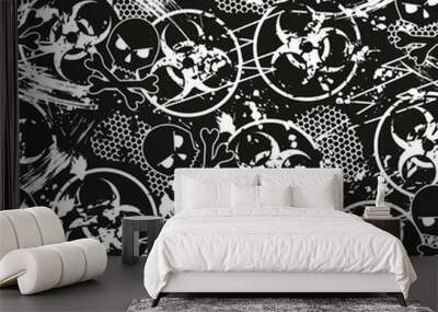 Seamless black and white camouflage pattern with Biological hazard symbol, paint brush strokes, skull and crossbones, hexagon net. For apparel, fabric, textile, sport goods. Grunge texture Wall mural