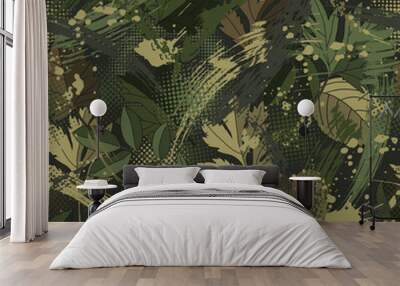 Seamless green camouflage pattern with paint brush strokes, leaves, halftone shapes, spatters Dense chaotic composition Good for apparel, fabric, textile, sport goods Grunge texture for surface design Wall mural