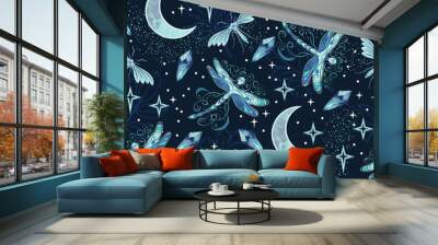 Seamless pattern with crescent moon, flying fantasy pixie dragonfly, scattered stars, crystals. Magic night. Mythological fairy tale, mystical concept. Wall mural