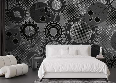 Seamless pattern with silhouette of gears, skulls, dotted halftone texture. Gray camouflage colors for apparel, fabric, textile, sport goods. Wall mural