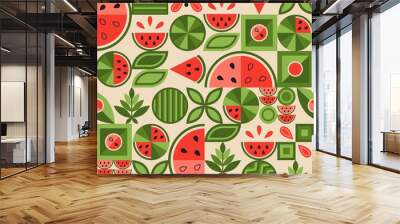 Seamless pattern with watermelon elements, various simple geometric shapes. Leaves, seeds, watermelon slices. Good for decoration of food package, cover design, decorative print, background. Vector Wall mural