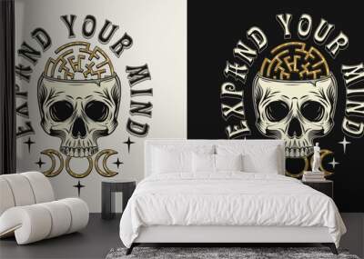 Vintage label with human skull like cup, labyrinth Wall mural