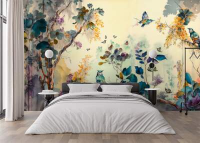 watercolor painting, high quality, of a forest landscape with birds, butterflies and trees, in bright colors and in a consistent style Wall mural