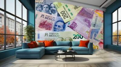 Several Mexican Banknotes of different currencies. Concept: Inflation volatility Wall mural