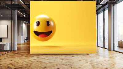 A smiling face emoji with smiling eyes on yellow background - emoticon showing a true sense of happiness, copy space, 3d render. Wall mural