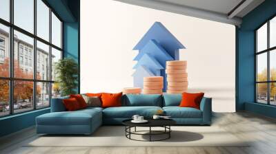 Blue up arrow and coin stacks on pastel background. Financial success and growth concept. copy space, 3d rendering Wall mural