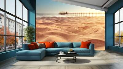 Close up sand with blurred sea sky and sunlight background, summer day, copy space or for product. Wall mural