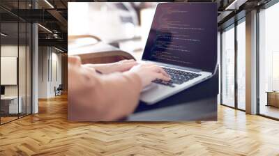 Close up Woman hands coding html and programming on screen laptop, development web, developer. Wall mural