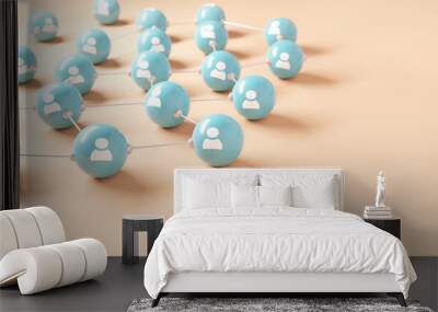 Connecting people and communication concept, social network. People icon connected together on blue background. Teamwork, 3d render. Copy space. Wall mural