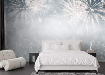 Gold and blue Fireworks and bokeh in New Year eve and copy space. Abstract background holiday. Wall mural