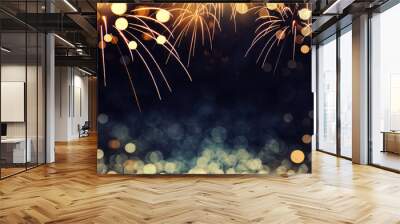 Gold and dark blue Fireworks and bokeh in New Year eve and copy space. Abstract background holiday. Wall mural