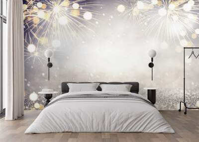 Gold and silver Fireworks and bokeh in New Year eve and copy space. Abstract background holiday. Wall mural