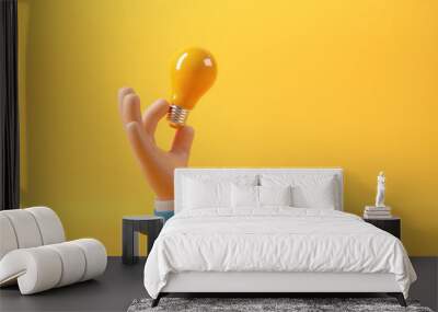 Hand of businessman holding light bulb on yellow background. Business creative idea concept. Copy space, 3d render. Wall mural