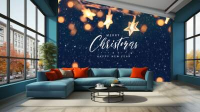 Merry Christmas and happy new year, Christmas stars lights with falling snow, snowflakes, Winter and new year holidays.	 Wall mural