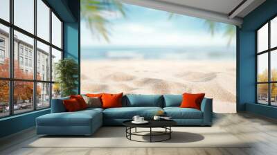 Tropical summer sand beach and palm on sea sky background, copy space. Summer vacation and travel concept. Wall mural