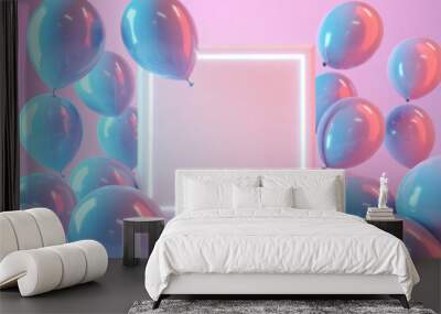 White blank frame square neon with balloons over pink background. Perfect background or mockup for celebrations, greetings and invitations. Place your text on copy space. 3d render. Wall mural