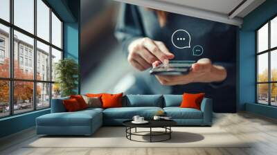 Women's hand typing on mobile smartphone, Live Chat Chatting on application Communication Digital Web and social network Concept. Work from home. Wall mural