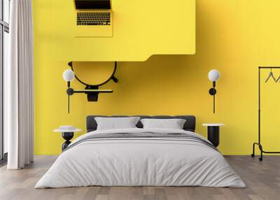 Minimal concept, Laptop on table and chair yellow color top view Wall mural