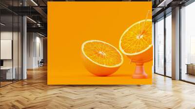 Orange is divided into two halves. lay on floor with on rotating platform. minimal idea concept, 3D Render. Wall mural