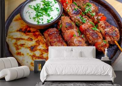 A delicious platter featuring grilled meat skewers, served with creamy sauce and flatbread, garnished with fresh herbs. Wall mural