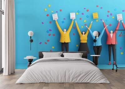 A diverse group of people celebrating with raised hands, colorful confetti, and joyful expressions against a bright blue background. Wall mural