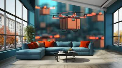 A fleet of delivery drones soaring above a modern cityscape, showcasing the future of logistics and urban transportation. Wall mural