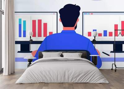 A professional analyzing data on two computer monitors, showcasing graphs and charts for business insights and decision-making. Wall mural