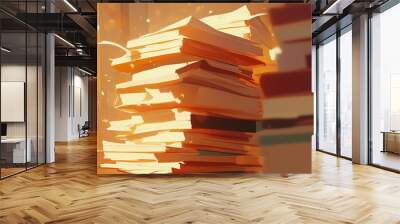 A warm, artistic stack of books illuminated by soft light, perfect for conveying knowledge and creativity. Wall mural