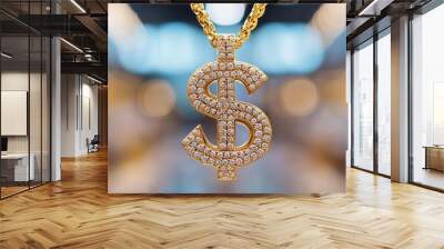 Close-up of a sparkling gold dollar sign pendant, adorned with diamonds, showcasing luxury and wealth in elegant design. Wall mural