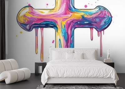 Colorful artistic cross design featuring vibrant paint drips, symbolizing spirituality and creativity in modern art. Wall mural