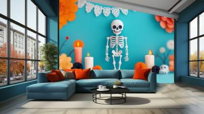 Colorful skeleton decoration with flowers and candles. Wall mural