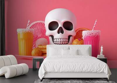 Colorful skull decor with fruity drinks and snacks on a pink background Wall mural