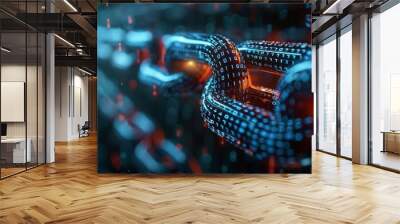 Concept image showing digital chains representing blockchain technology wrapping around a courthouse, symbolizing the integration of blockchain into the legal system. Wall mural