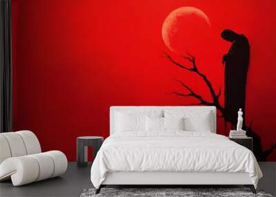 Grim Reaper gazing at a blood-red moon, Halloween night filled with dread and darkness Wall mural