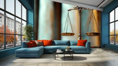 Symbol of justice, featuring a classic balance scale on a wooden surface, ideal for legal and law-themed concepts. Wall mural