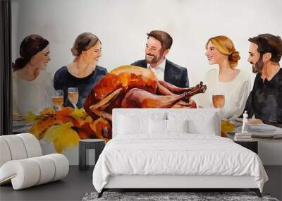 Thanksgiving dinner with turkey and happy friends gathering Wall mural