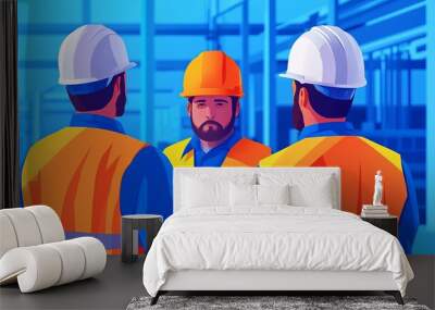 Three construction workers discuss project plans in a vibrant industrial setting wearing safety gear and helmets. Wall mural