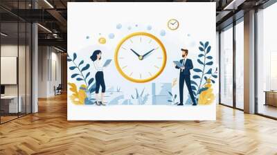 Two professionals discussing time management, white isolated background. Wall mural