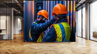 Two workers in safety gear and helmets discuss near cargo containers, highlighting industrial teamwork and safety protocols. Wall mural