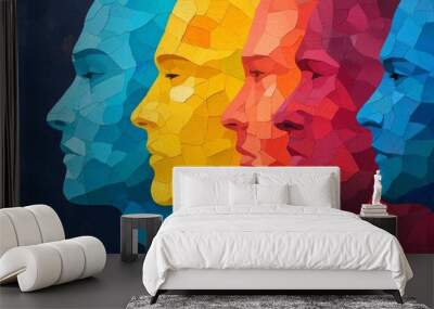 Vibrant abstract representation of human profiles in pop art style, showcasing diversity and creativity through geometric shapes. Wall mural