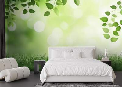 Vibrant green leaves and grass on a soft blurred background Wall mural