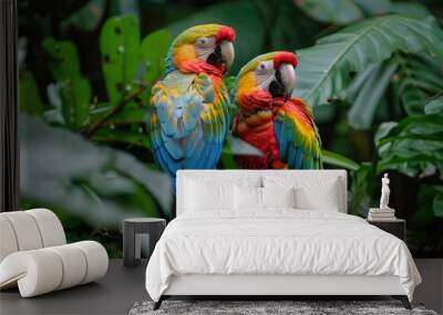 A pair of colorful parrots perched on a branch in a tropical rainforest, surrounded by lush green foliage Wall mural