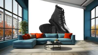 Black leather boots with laces. Close up. Isolated on a white background Wall mural