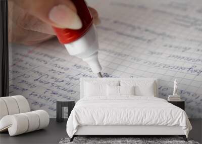 White stationery corrector correct the text in the notebook. Close up. Isolated on a white background Wall mural