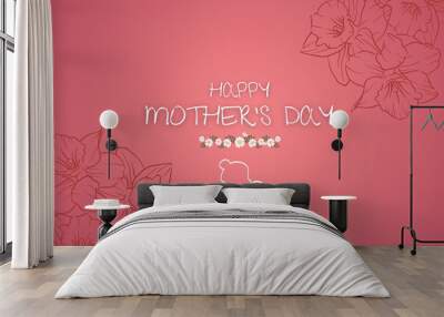 Mother's Day postcard. Happy Mother's Day vector greeting cards on a pink background.  Continuous one-line drawing. The two hold her baby—abstract mother with a child in continuous one-line drawing. Wall mural