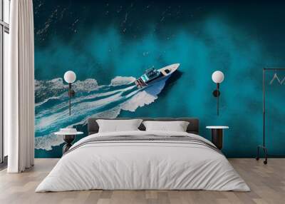 Aerial view of boat in blue lagoon, generative ai. Wall mural