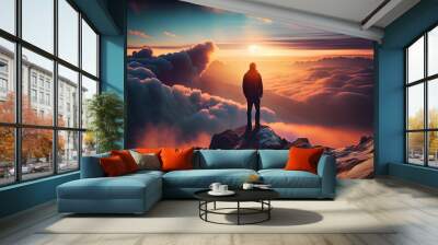 Man standing at the top of the mountain, generative ai Wall mural