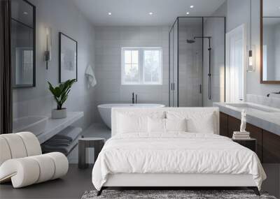 29. A chic bathroom with a freestanding tub, a floating vanity, and frameless glass shower doors Wall mural